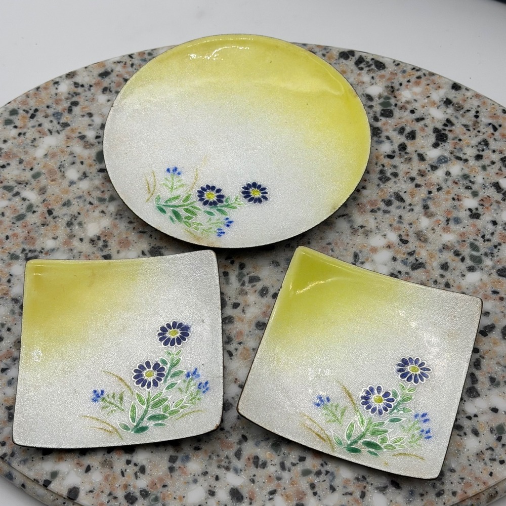 Cloisonne Enamel Trinket Dish Tutanka Mini Tray Set Yellow White Floral 3pc